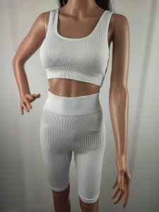 Komplet Damski Top + Legginsy Marszczone Kolarki Prążkowany Biały