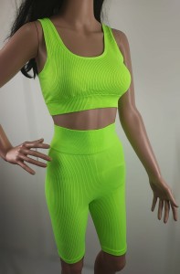 Komplet Damski Top + Legginsy Marszczone Kolarki Prążkowany Seledynowy