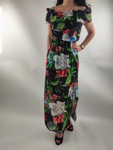 Sukienka Hiszpanka Szyfonowa z Rozporkiem Kwiaty Uniwersalna
