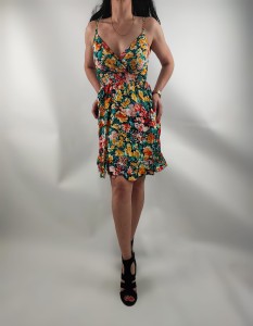 Sukienka Letnia Cienkie Ramiączka Bawełna Kwiaty Zielony + Żółty