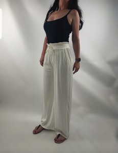 Spodnie Damskie Szerokie Nogawki Z Gumką Luźne Kremowe