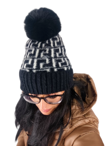 Zimowa Czapka Damska Na Polarze z Pomponem  z Bąblem Alpaka Czarno Biała