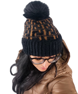 Zimowa Czapka Damska Na Polarze z Pomponem  z Bąblem Alpaka Czarno Karmelowy