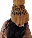 Zimowa Czapka Damska Na Polarze z Pomponem z Bąblem Alpaka Karmelowo Czarny 