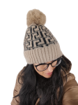Zimowa Czapka Damska Na Polarze z Pomponem Alpaka Beżowo Czarna