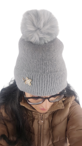 Zimowa Czapka Alpaka Na Polarze z Pomponem z Ozdobnym Kwiatem Szary