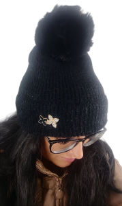 Zimowa Czapka Alpaka Na Polarze z Pomponem z Ozdobnym Kwiatem Czarna