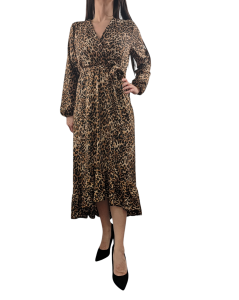 Sukienka w Panterkę Długi Rękaw z Falbaną Długa Jesień Midi