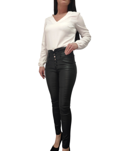 Spodnie Damskie Woskowane Guziki Wysoki stan Czarne 