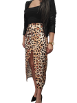 Spódnica Damska z Rozcięciem Asymetryczna w Panterkę Midi Czarno-Brązowa