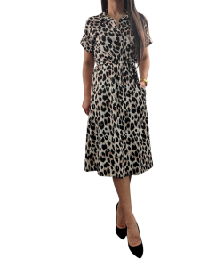 Sukienka Długa Koszulowa Krótki Rękaw Panterka Italy Czarno Brązowa