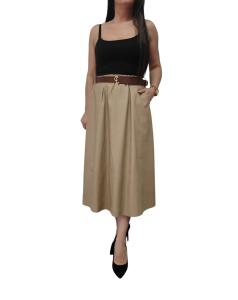 Spódnica Damska z Eko Skóry Rozkloszowana Matowa z Paskiem Beżowa