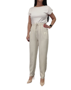 Spodnie Damskie z Materiału Szerokie Wysoki Stan Bawełna Lato Beżowe