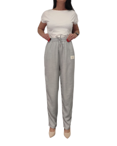 Spodnie Damskie z Materiału Szerokie Wysoki Stan Bawełna Lato Szare