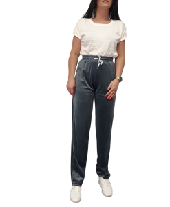 Spodnie Damskie Wlurowe Dresowe Proste Wysoki Stan Bawełna Szare