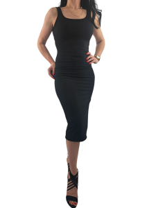 Sukienka Prążkowana Szersze Ramiączka Rozporek Wiskoza Wiosna Lato Czarna