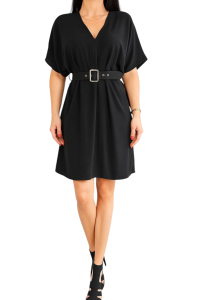 Sukienka Damska Krótki Szeroki Rękaw z Pasekiem Luźna Krótka Czarna
