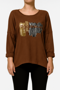 Bluzka Damska Luźna Szeroka Długi Rękaw Jesień Zima Brązowa