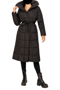 Płaszcz Damski Pikowany Długi Kurtka Ciepła Bez Kaptura Jesień-Zima Czarny