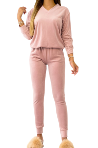 Dres Damski Welurowy Komplet Bluza w Serek Długi Rękaw Polski Różowy