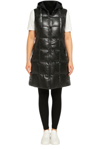 Kamizelka Pikowana Ocieplana Bezrękawnik Kaptur Eko Skóra Jesień Czarny 