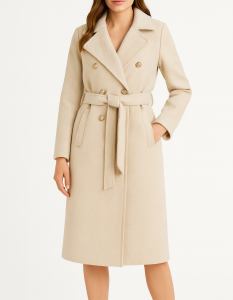 Płaszcz Damski Długi Jesionka Jesienny Prążkowany Dwurzędowy Jasno Beżowy