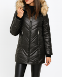 Kurtka Damska Pikowana Jesień-Zima Kaptur Odpinane Futro Czarna