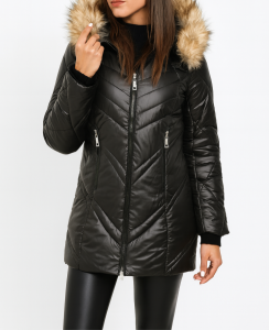 Kurtka Damska Pikowana Jesień-Zima Kaptur Odpinane Futro Czarna