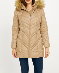 Kurtka Damska Pikowana Jesień-Zima Kaptur Odpinane Futro Beżowa Camel
