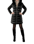 Kurtka Pikowana z Odpinanym Kapturem Długa Błyszcząca Płaszcz Zima Czarna