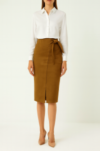 Spódnica Damska Zamszowa Klasyczna Elegancka Prosta z Kokardą Midi Beżowa