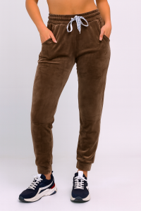 Spodnie Damskie Welurowe Dresowe Wysoki Stan Bawełna Brązowe